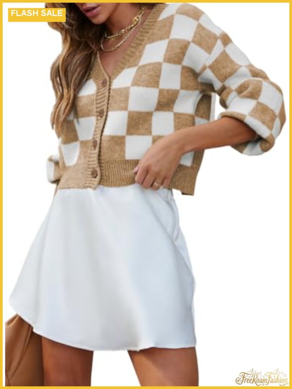 Womens Cropped Cable Knit Cardigan Plaid Button Down V Neck Sweater